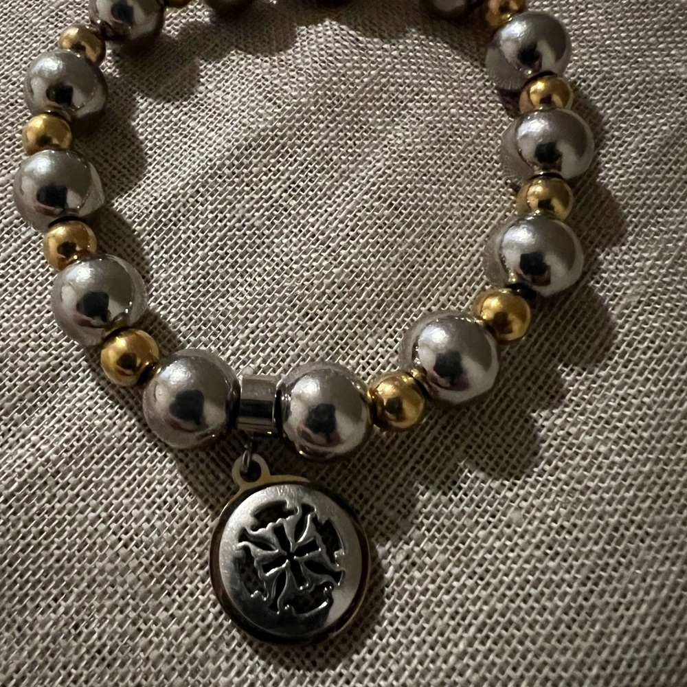 Rustic Cuff Silver and Gold Beaded Bracelet with Charm - Picture 4 of 5